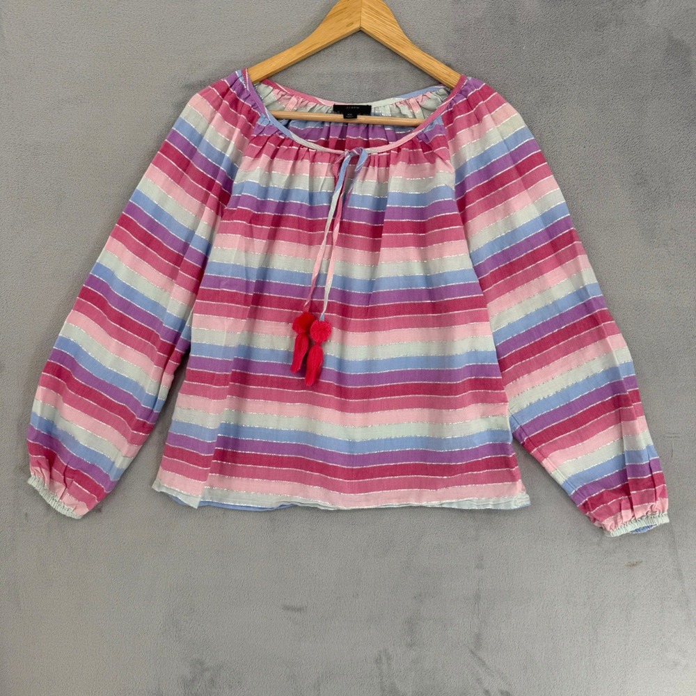 J.Crew Re-Imagined Pink Purple Striped Metallic Tassel Blouse Women's‎ Size XS